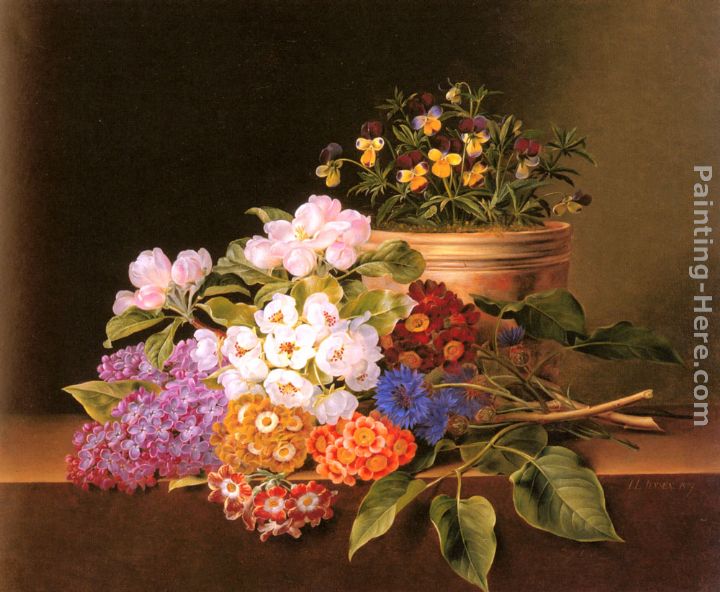 Apple Blossoms, Lilac, Violas, Cornflowers and Primroses on a Ledge painting - Johan Laurentz Jensen Apple Blossoms, Lilac, Violas, Cornflowers and Primroses on a Ledge art painting